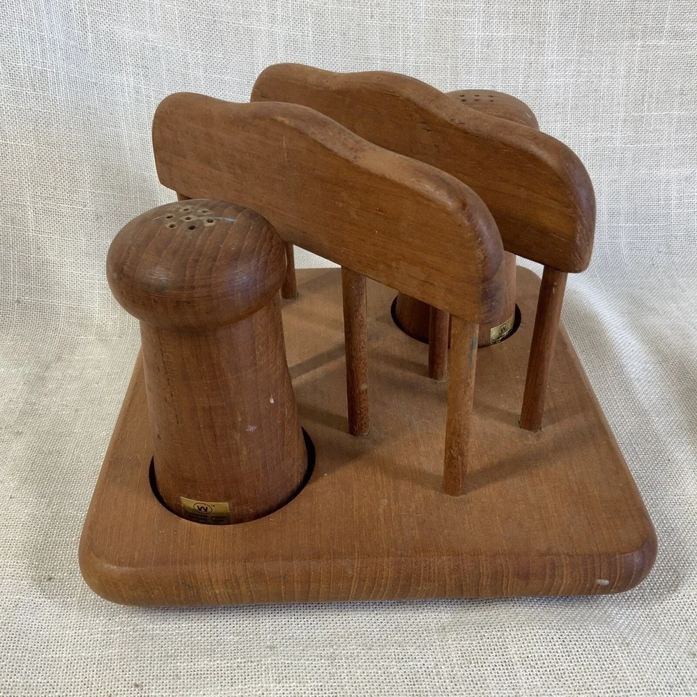 VTG Danish Modern Genuine Teak Wood Salt‎ and Pepper Shakers with Napkin Holder